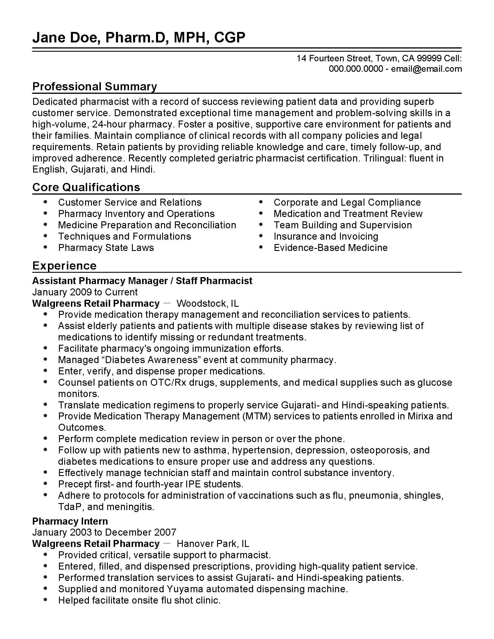 Assistant Pharmacy Manager Resume Format