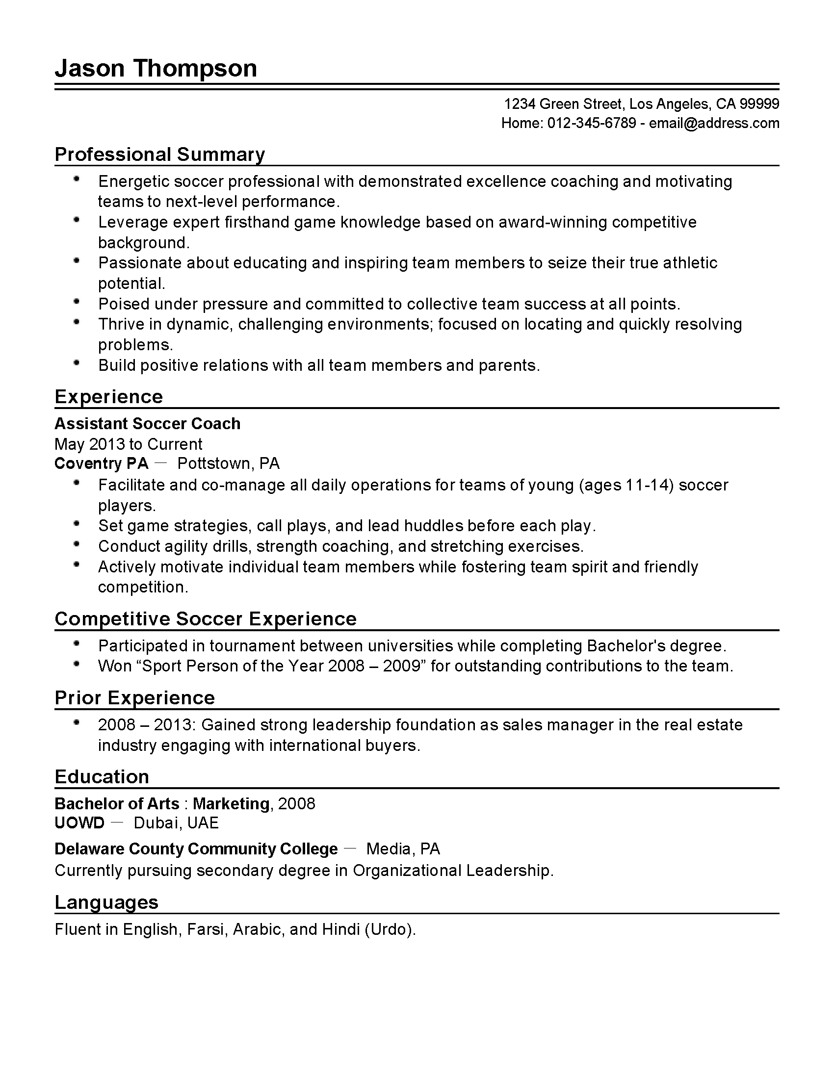 Assistant Soccer Coach Resume Example | MyPerfectResume