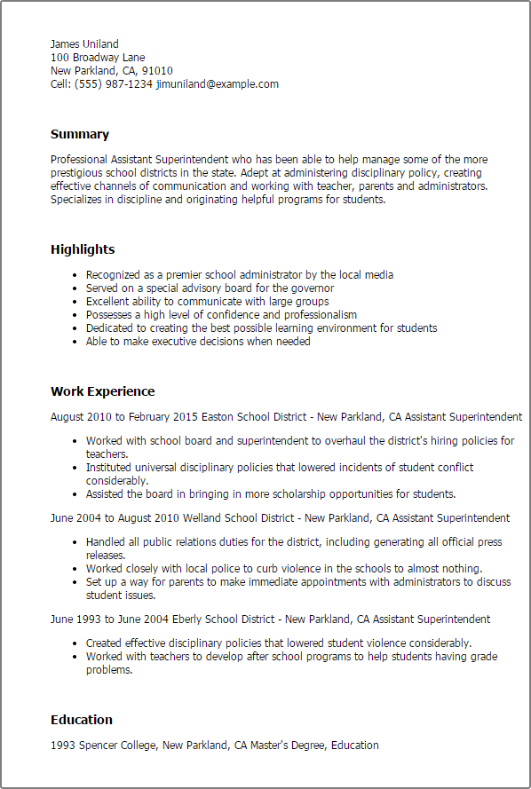 Assistant Superintendent Resume Sample