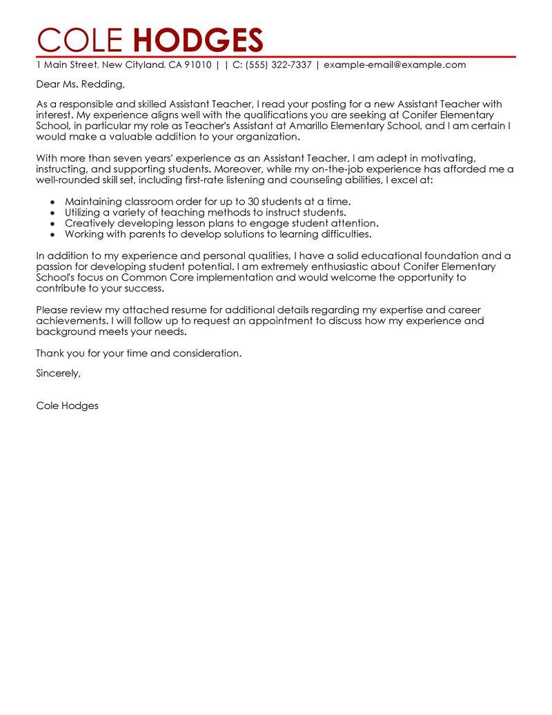 assistant teacher cover letter example