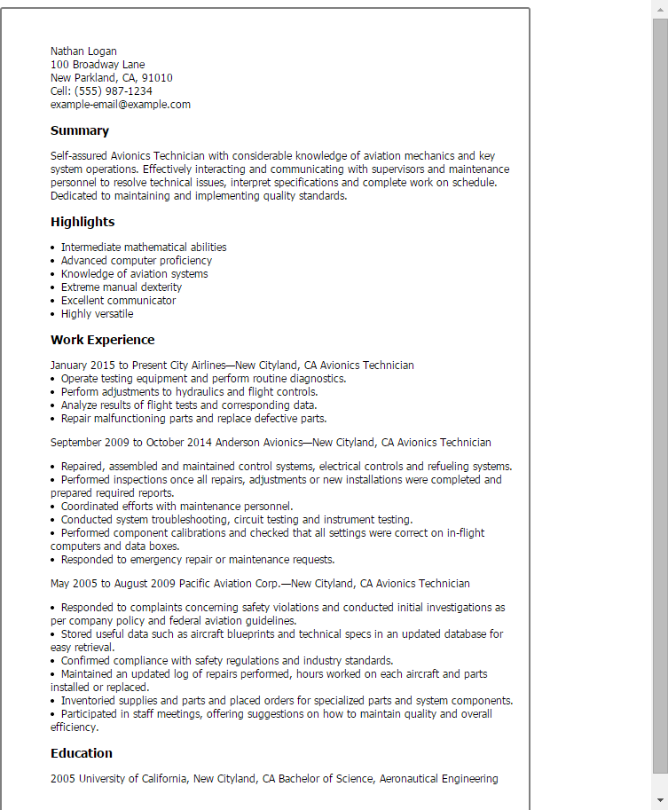 Avionics Technician Resume Example