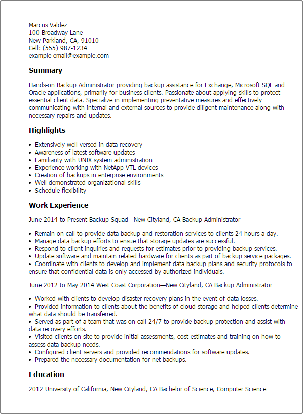 Backup Administrator Resume Template