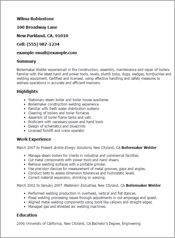 boilermaker welder resume template