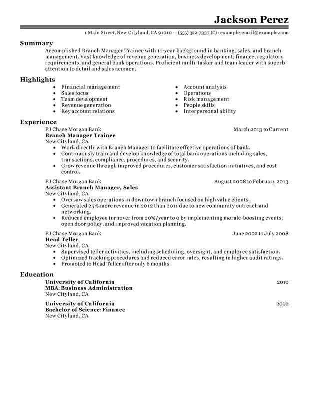 Branch Manager Trainee Resume Example