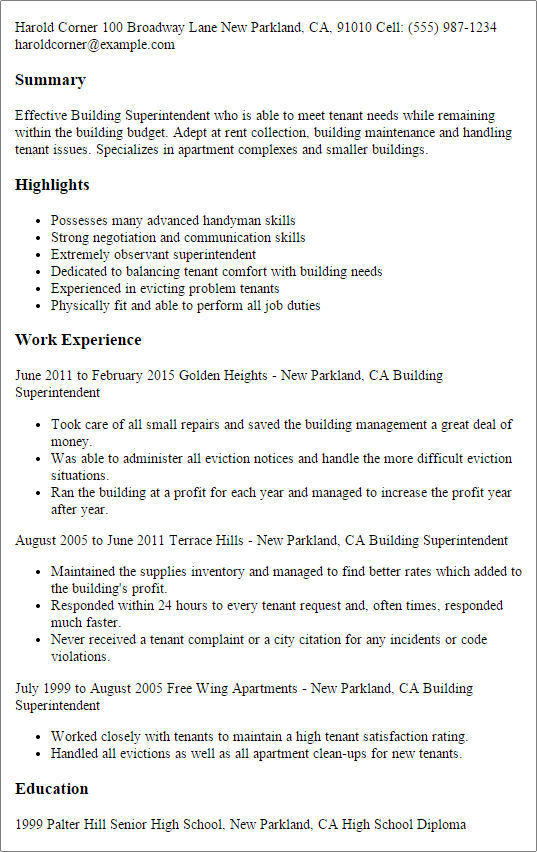 Building Superintendent Resume Sample