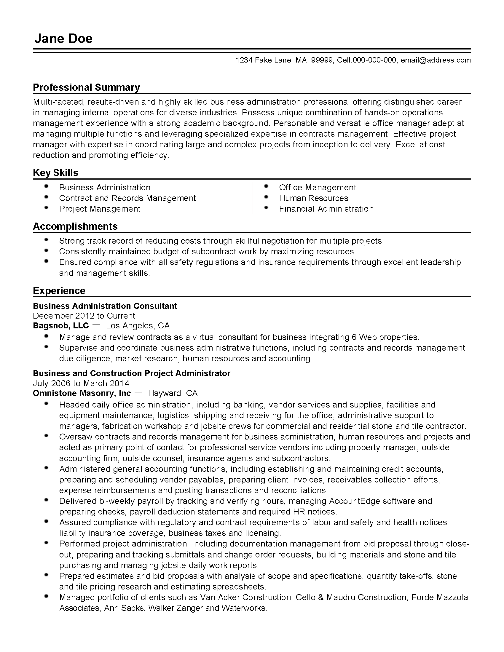 resume sample business administration