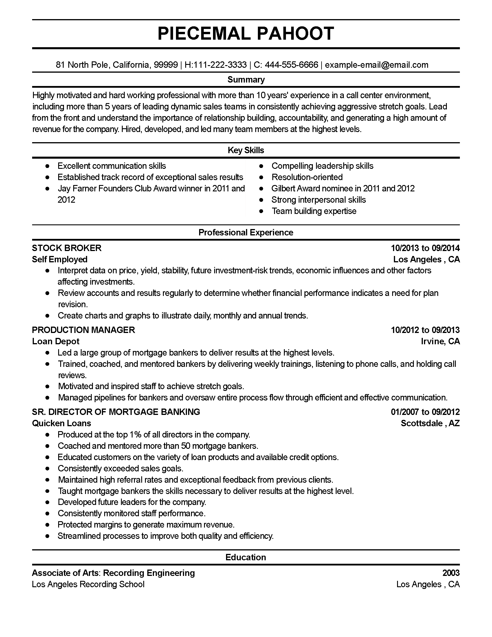 Call Center Manager Resume Example