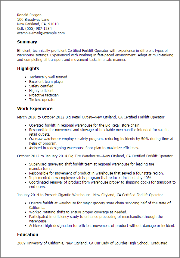 Certified Forklift Operator Resume Example | MyPerfectResume