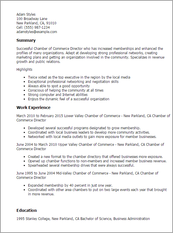 Chamber Of Commerce Director Resume Format