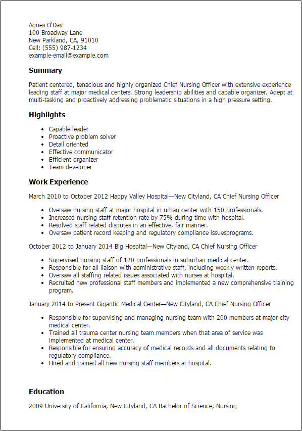 Chief Nursing Officer Resume Format