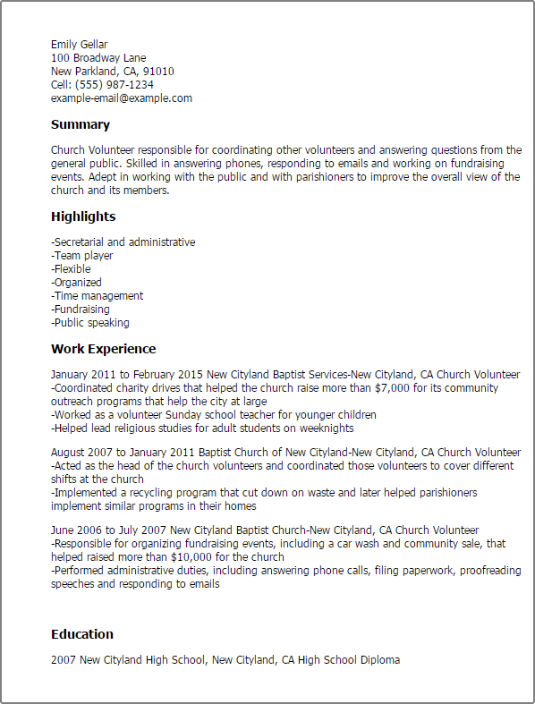 Church Volunteer Resume Example MyPerfectResume