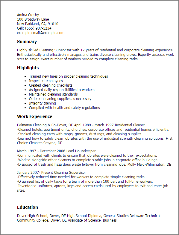 Cleaning Supervisor Resume Template