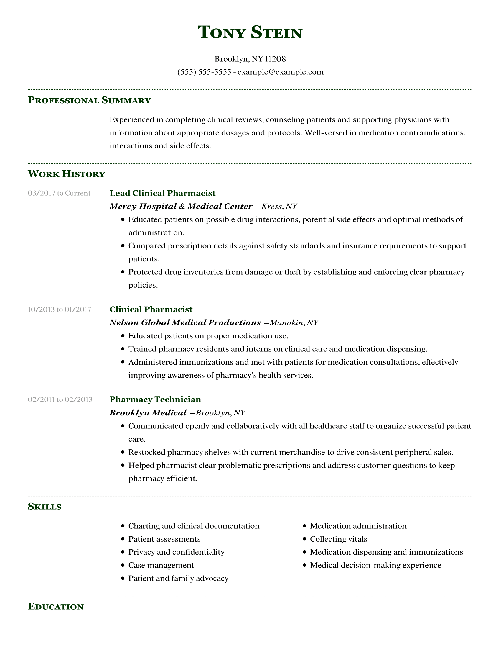 Clinical Pharmacist Resume Example Myperfectresume