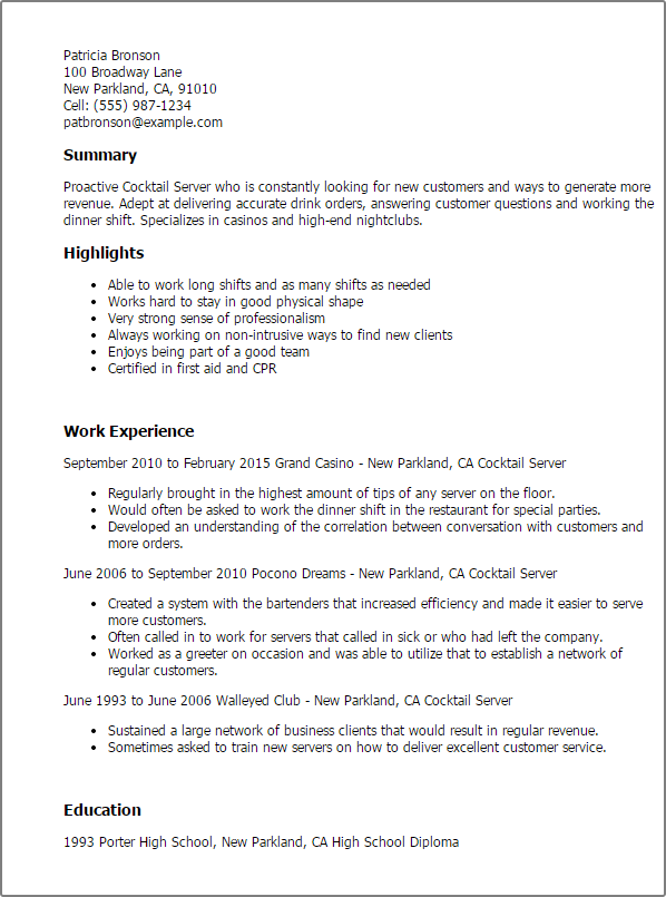 Cocktail Server Resume Example