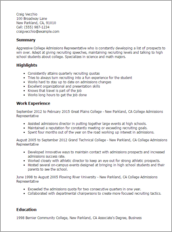 College Admissions Representative Resume Example