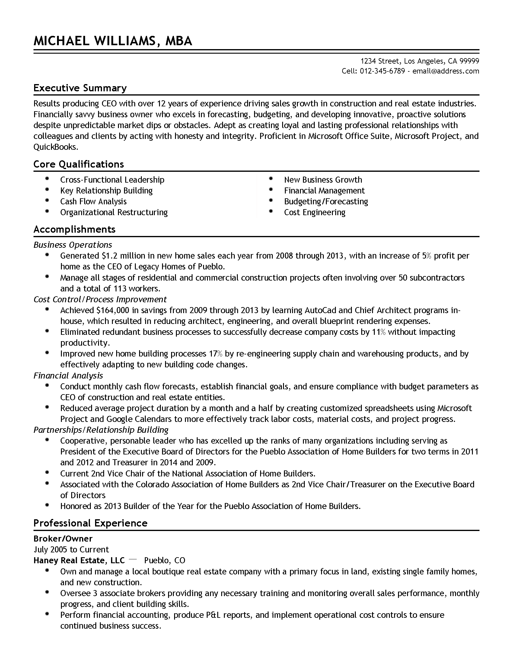 Construction Chief Executive Officer Resume Example