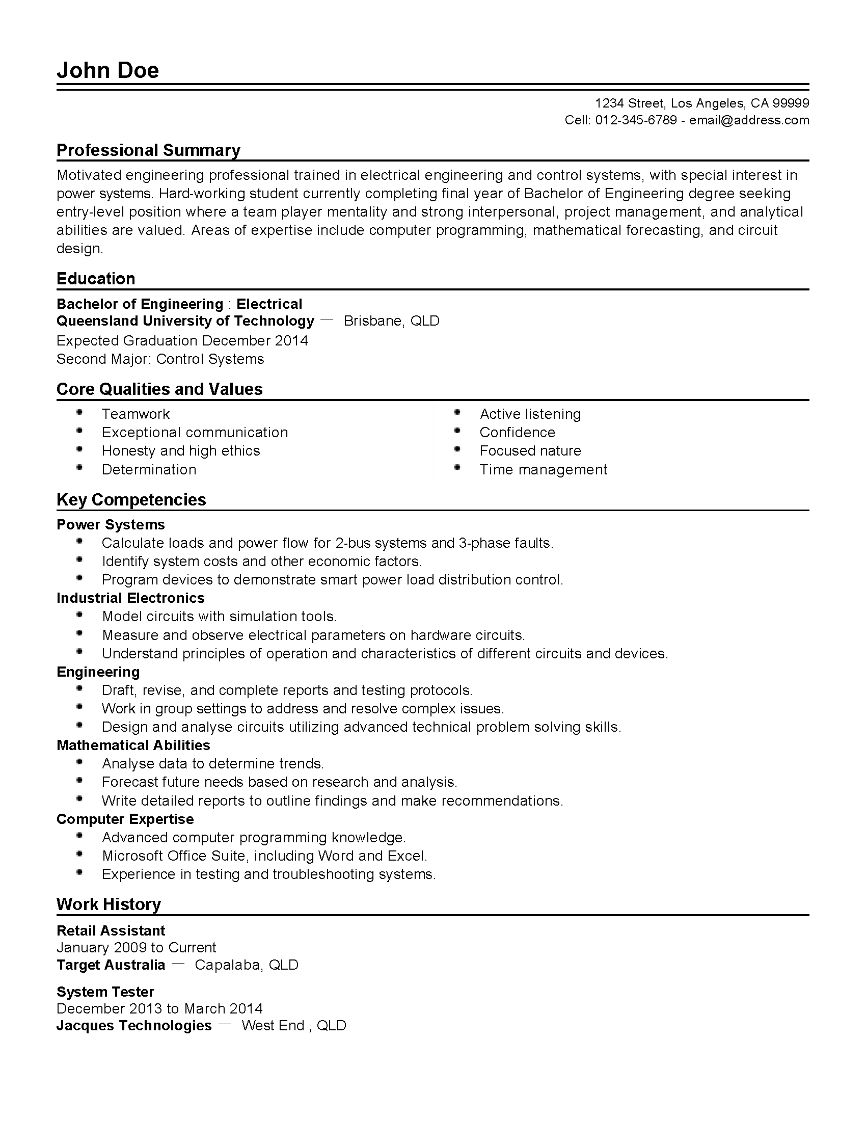 Control Systems Engineer Resume Example