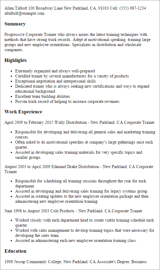 Corporate Trainer Resume Example