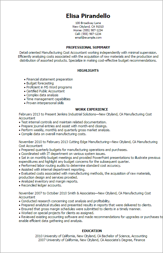 Cost Accountant Resume Format