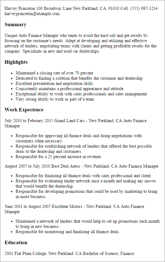 Credit Manager Resume Example