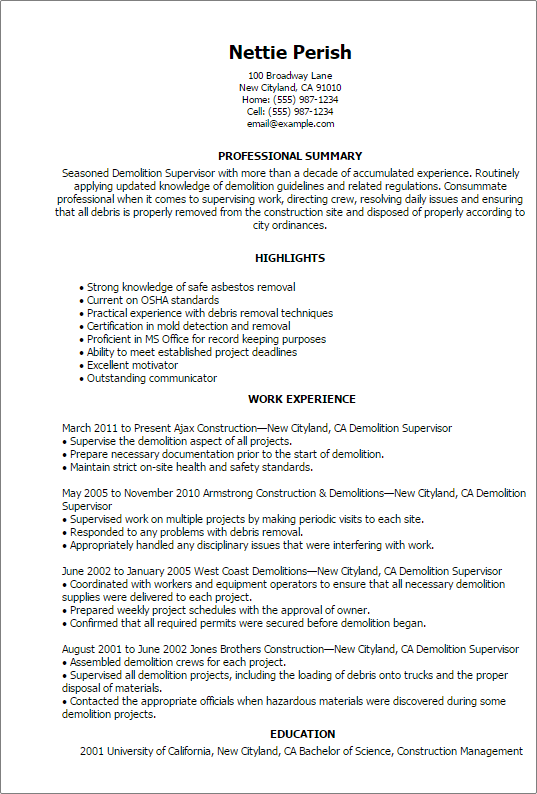 demolition worker resume example