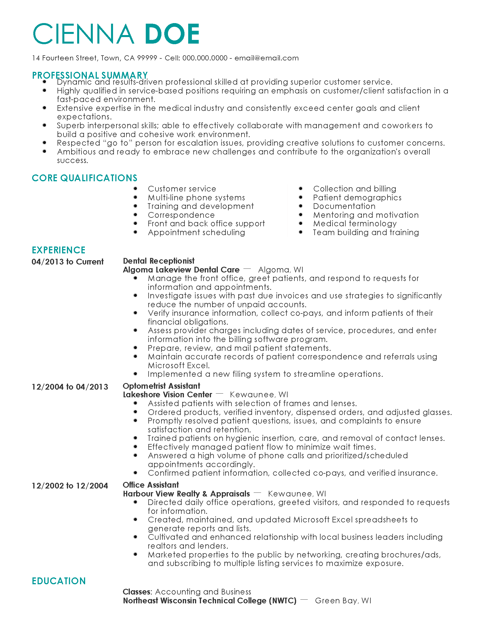 example resume for dental office manager