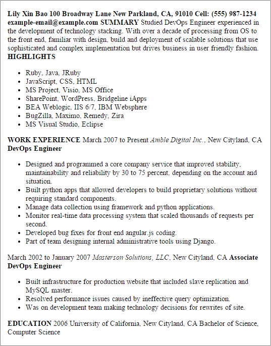 Devops Engineer Resume Sample