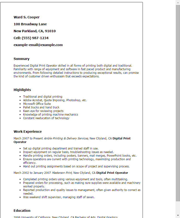Sample Resume For Printing Machine Operator Sample Resume For Printing Machine Operator