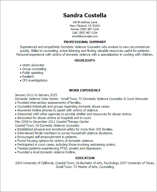 Domestic Violence Counselor Resume Example