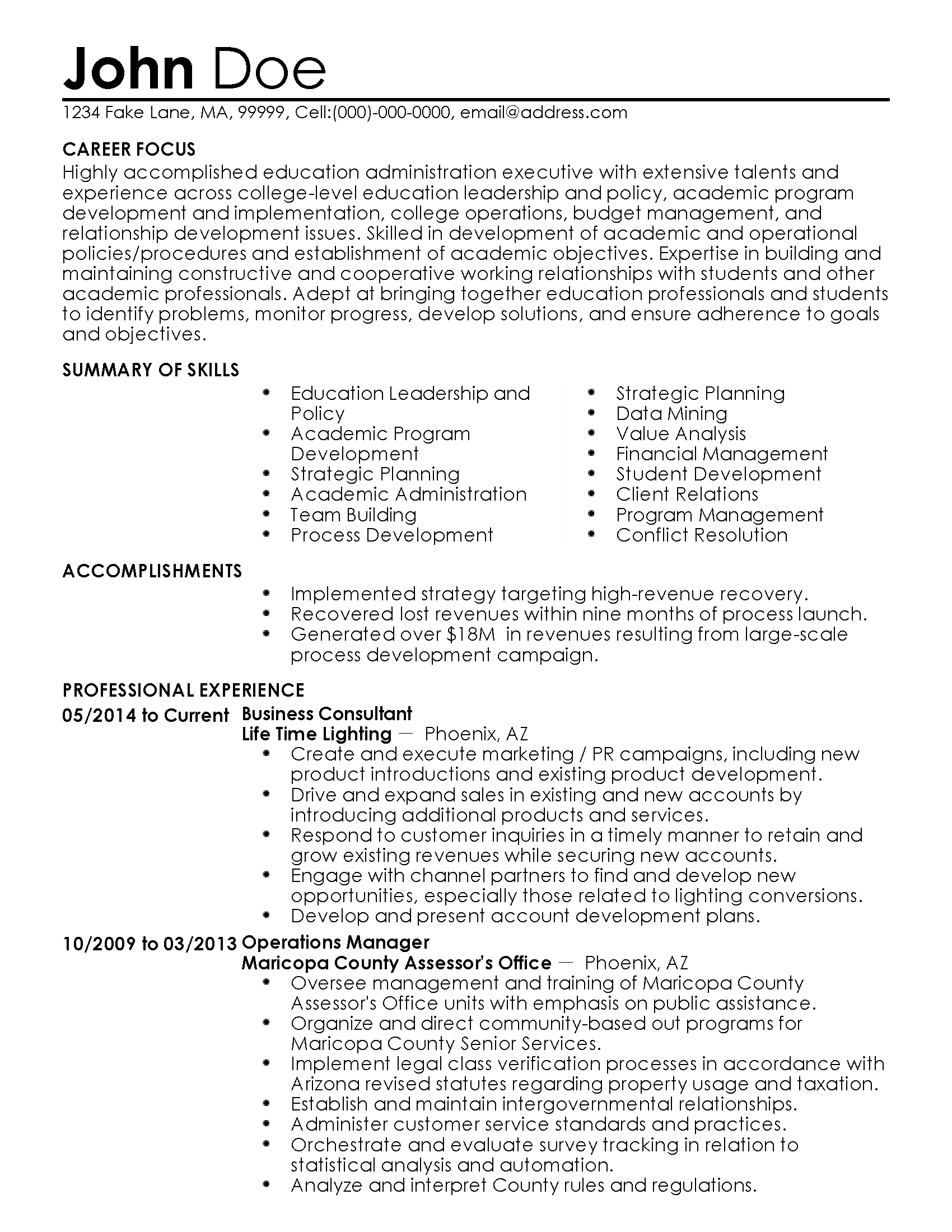 Education Administration Executive Resume Example