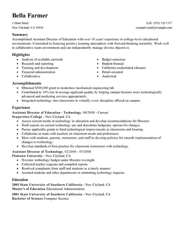 Education Assistant Director Resume Format