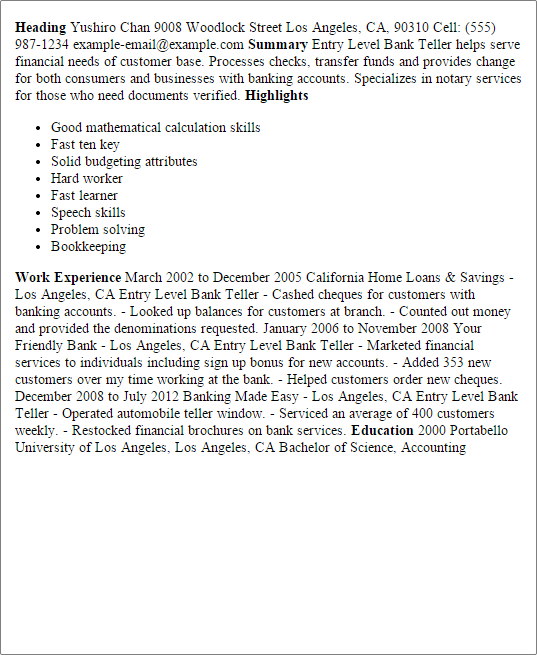 1 Entry Level Bank Teller Resume Example Try Them Now Myperfectresume