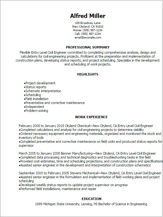 Entry Level Civil Engineer Resume Example