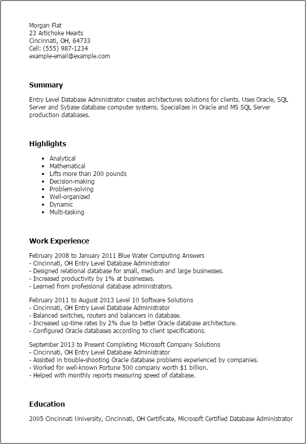 Entry Level Database Administrator Resume Example