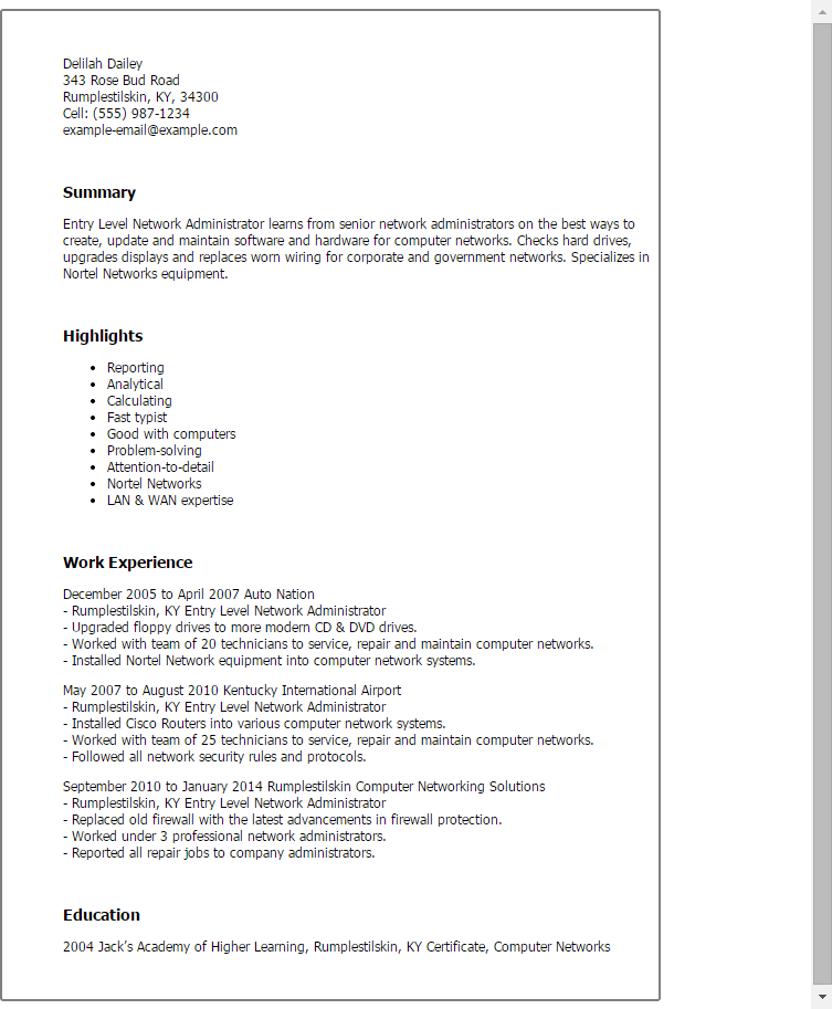 Entry Level Network Administrator Resume Format
