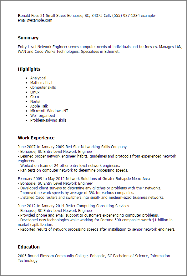 Entry Level Network Engineer Resume Sample