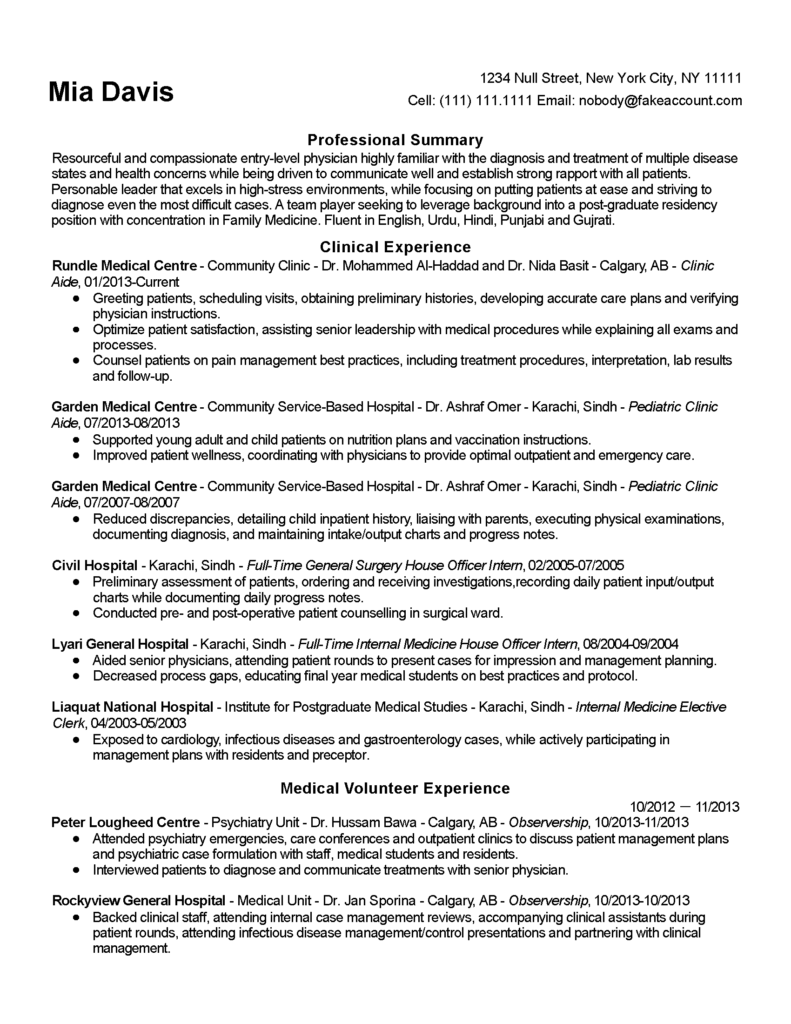 EntryLevel Physician Resume Example MyPerfectResume