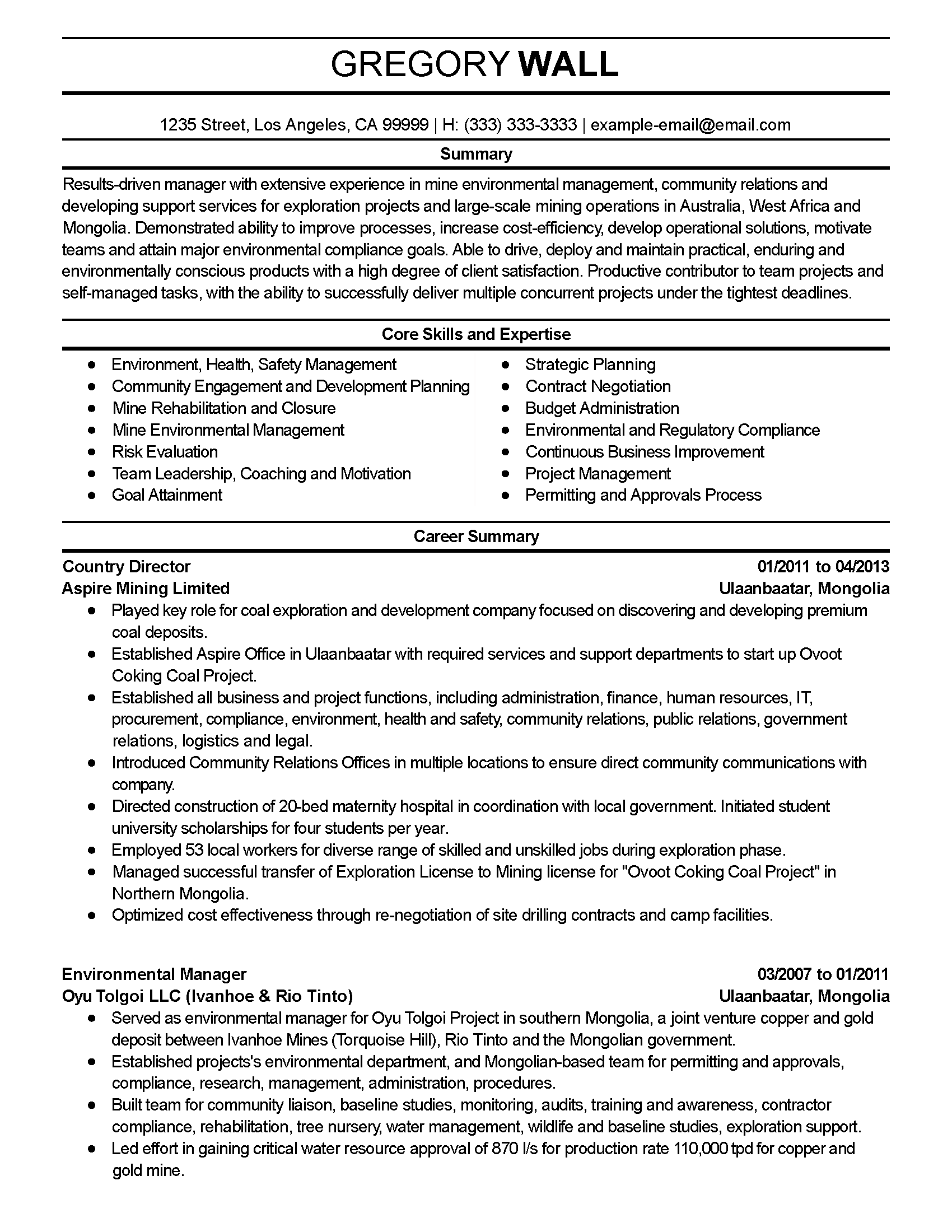 Environmental Manager Resume Sample