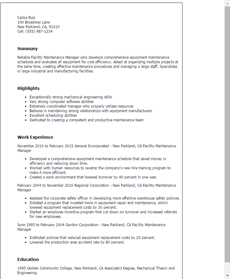 Facilities Maintenance Manager Resume Example