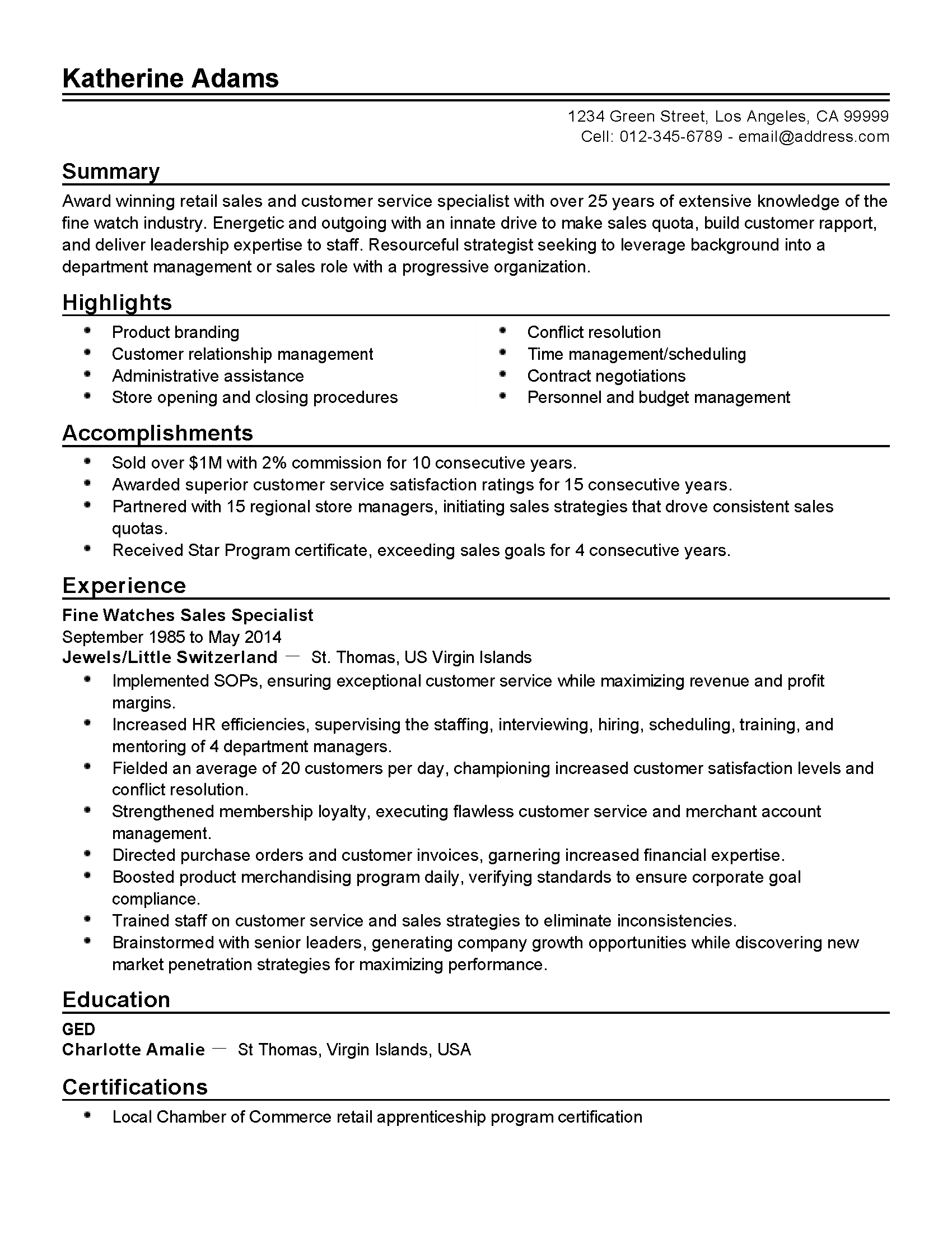 Fine Watches Sales Specialist Resume Template