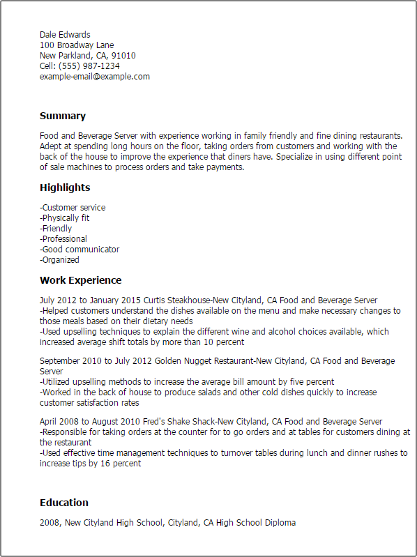 Food And Beverage Server Resume Example
