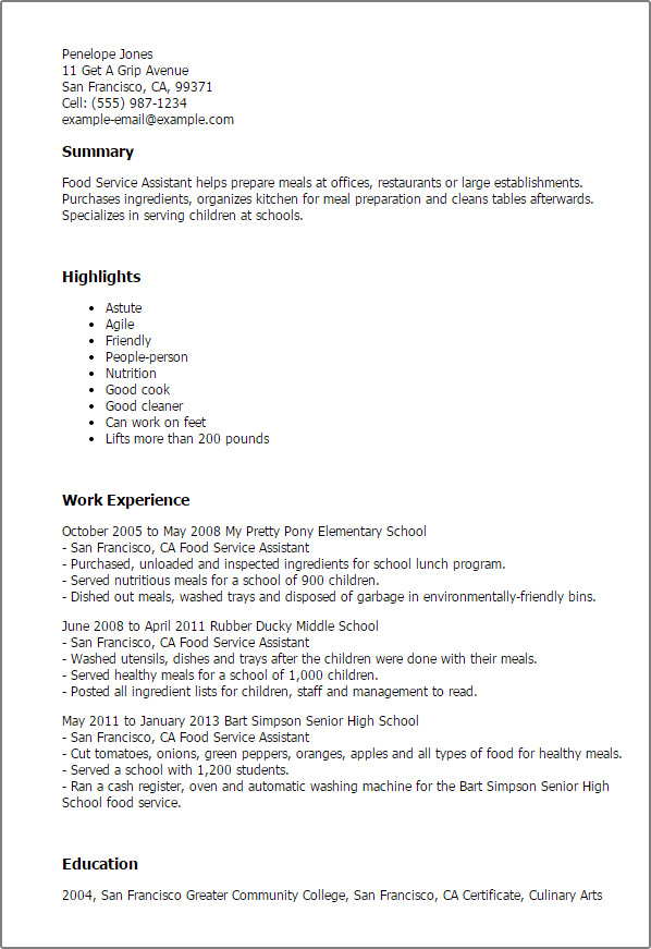 Food Service Assistant Resume Example