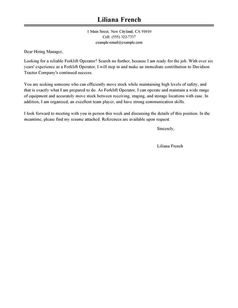 Forklift Operator Cover Letter Example