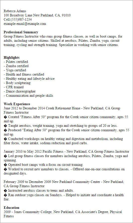 Group Fitness Instructor Resume Example MyPerfectResume group-fitness-instructor-resume-example-myperfectresume