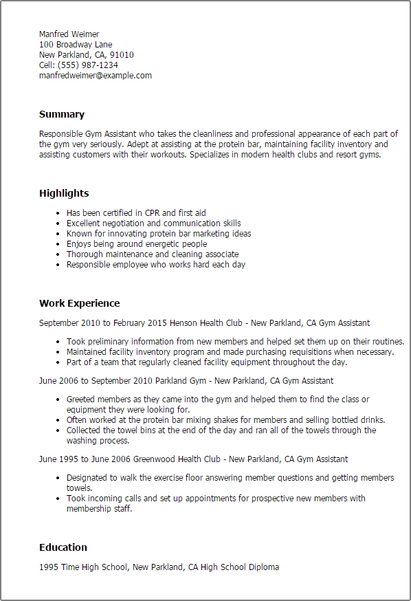 Gym Assistant Resume Format