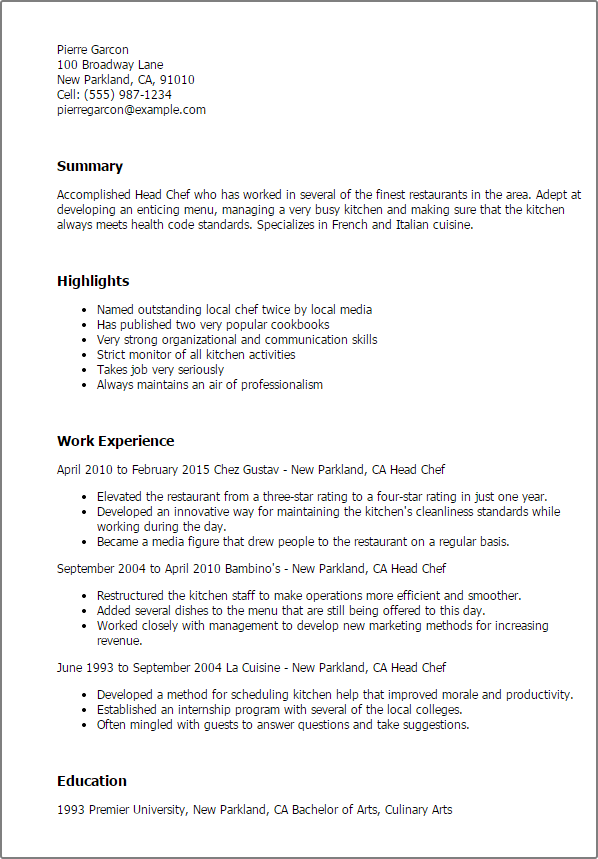 Head Chef Resume Example