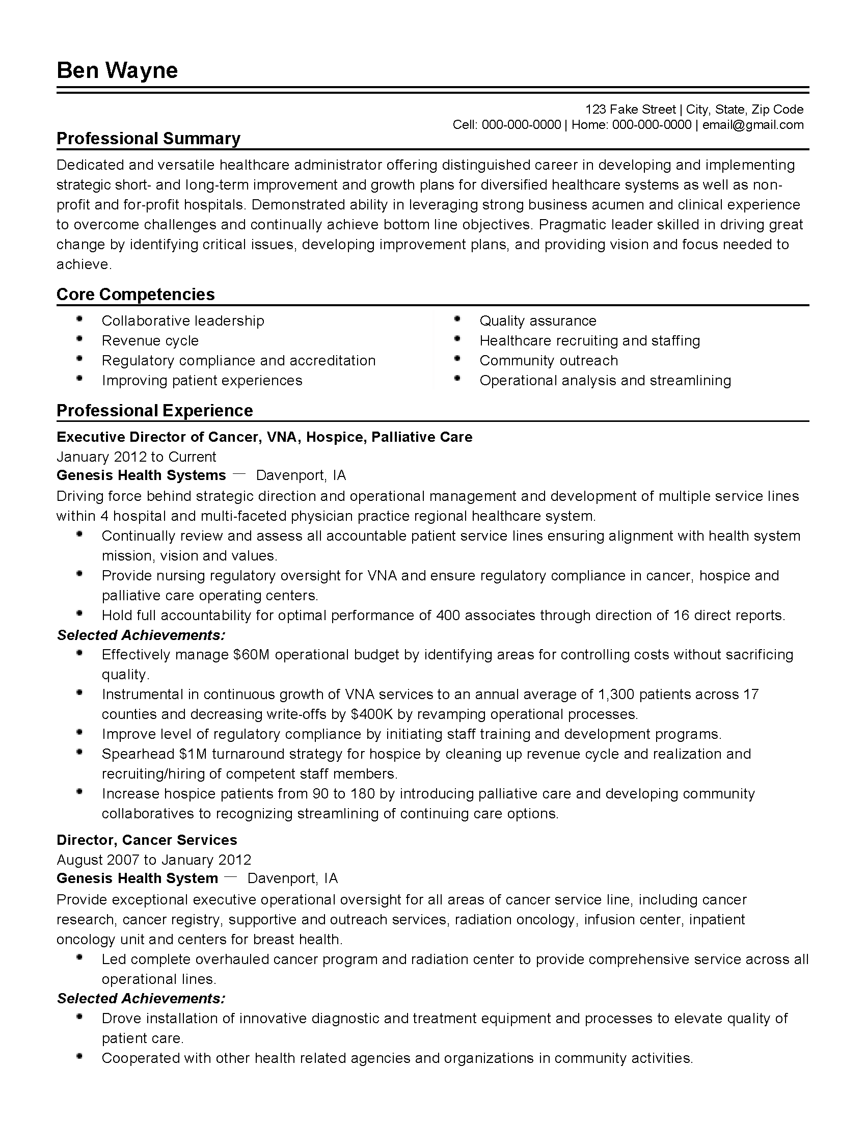 resume templates healthcare administration