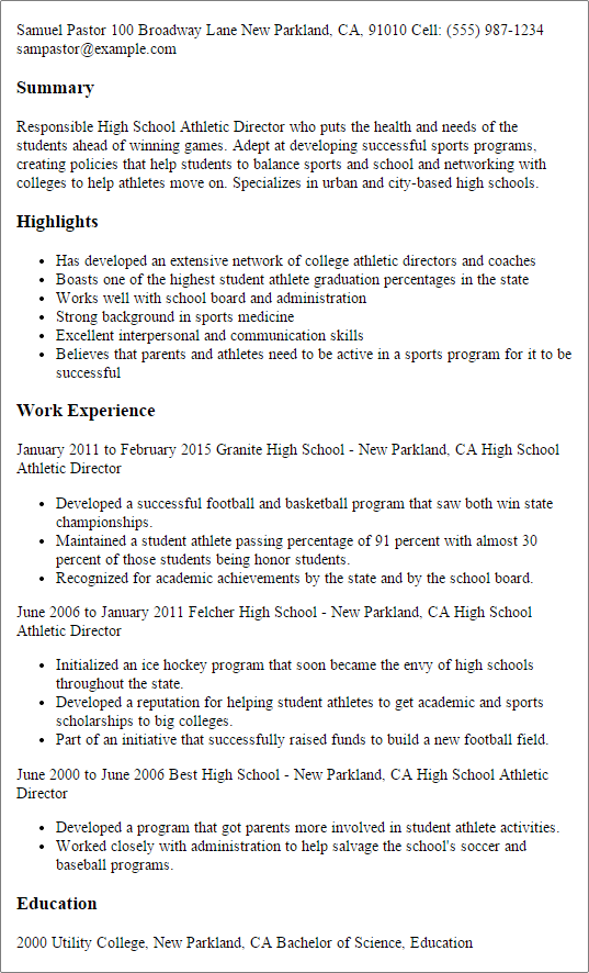 athletic director job description resume