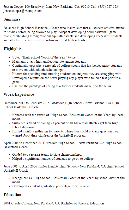 High School Basketball Coach Resume Example | MPR