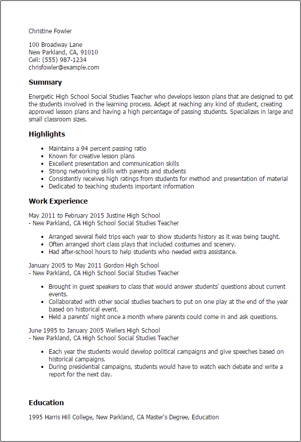 High School Social Studies Teacher Resume Template